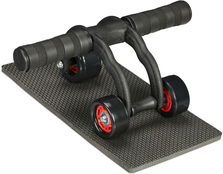 Relaxdays Ab Roller with 3 Wheels, Abdominal Trainer for Home, for Women & Men, Core Exercise, with Knee Mat, Black/Red