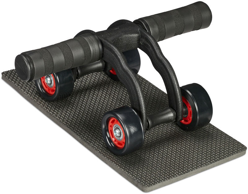 Ab Roller with 4 Wheels, Abdominal Trainer for Home, for Women & Men, Core Exercise, with Knee Mat, Black/Red - Relaxdays