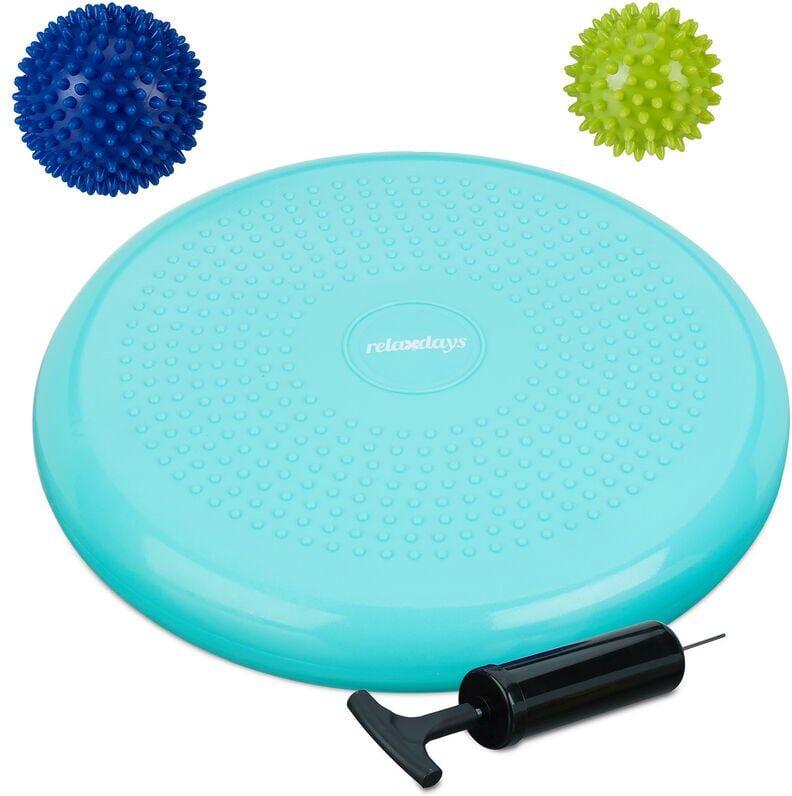 Relaxdays - Balance Cushion, 2 Massage Balls, 32 cm, Up to 140 kg, Ergonomic Spiked Wobble Pad, Massage Board, Turquoise