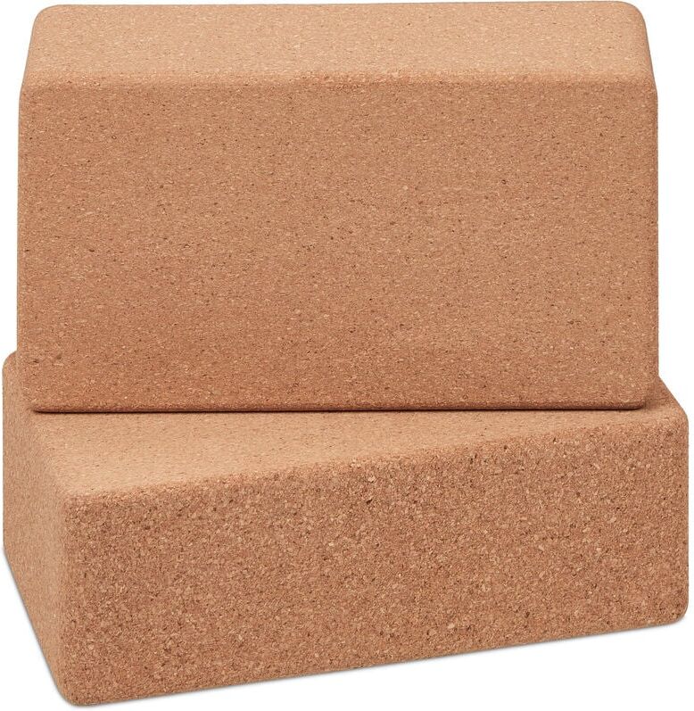 Yoga Block, Set of 2, Cork Bricks, for Pilates, Stretching, Balance, 12 x 22.5 x 7 cm, Non-Slip Cubes, Natural - Relaxdays