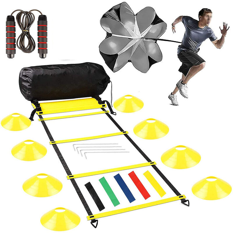 COAVAS Speed Training Equipment Set for Sports Agility Ladder, 8 Cones and 16 Rung Resistance Parachute, Jump Rope, 5 Resistance Bands for Soccer, Soccer,