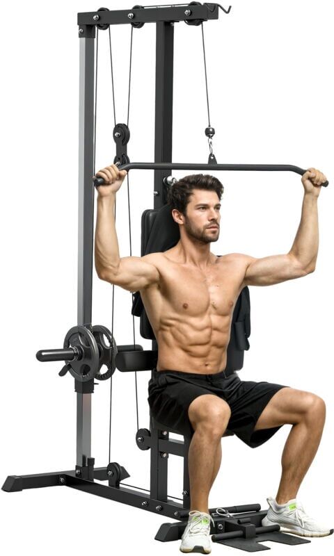 Sportnow - Pull Up Station Power Cage with Adjustable Seat, Home Gym Black