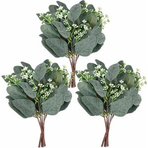 DENUOTOP 3pcs Artificial Eucalyptus Leaves Stems with White Seeds Short Silver Dollar Faux Eucalyptus Branches Greenery Plants for Floral Bouquets Wedding