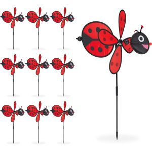 10x Ladybird Pinwheel, Windmill, Garden, Accessory, Childrens, Play, Toy, HxWxD: 76.5x36.5x51.5 cm, Red/Black - Relaxdays