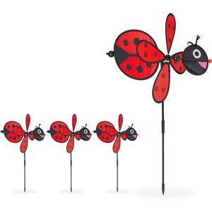 4x Ladybird Pinwheel, Windmill, Garden, Accessory, Childrens, Play, Toy, HxWxD: 76.5x36.5x51.5 cm, Red/Black - Relaxdays