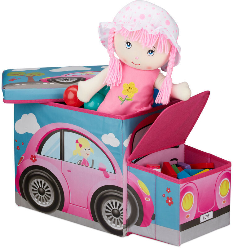 Relaxdays - Children's Storage Ottoman, Lidded Toy Box, Folding, Boys & Girls, Car Design, 50 Litres, Pink