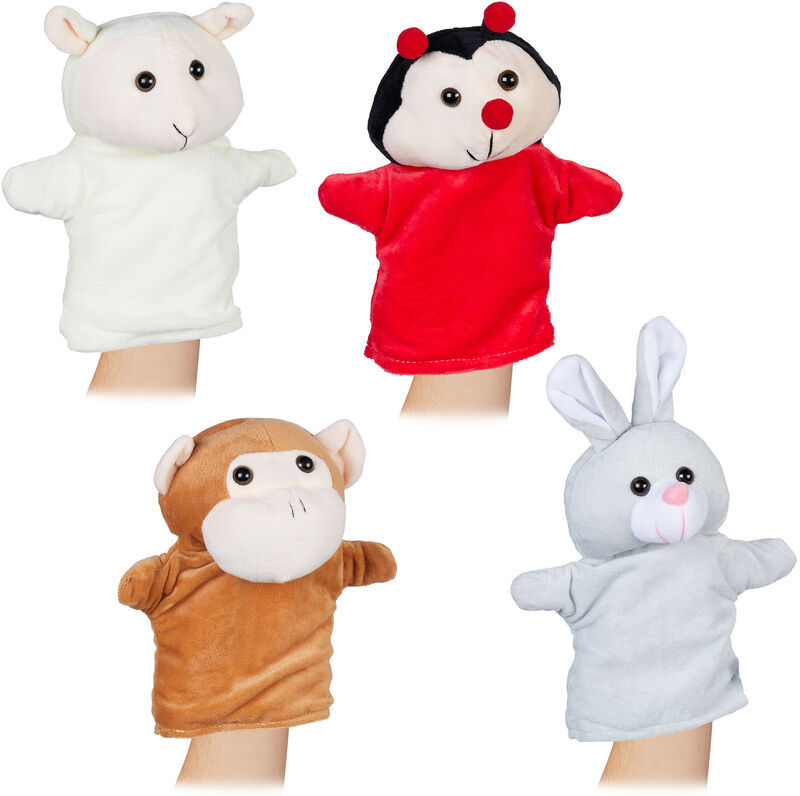 Set of 4 Hand Puppets, for Children, Animal Toys, Monkey, Rabbit, Sheep, Ladybird, Soft Plush, Colourful - Relaxdays