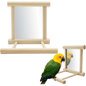 AOUGO Bird Mirror with Perch, FainFun 10x10x10 cm Wooden Perch with Mirror for Birds, Bird Stand Perch with Mirror, Mirror Toy for Parrot, Pigeon, Canary,