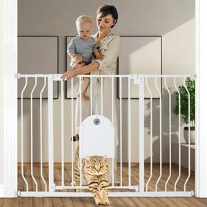 DRILLPRO 29.5-48.4 Baby Gate with Small Cat Door Pressure Mounted 30 Tall Dog Gate White lbtn