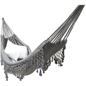 Woosien - Bohemian macrame double hammock woven fringe tassels canvas large hanging swing bed chair for beach yard bedroom patio Dark gray