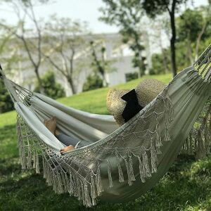 Woosien - Bohemian macrame double hammock woven fringe tassels canvas large hanging swing bed chair for beach yard bedroom patio White