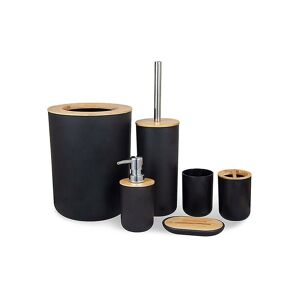 WOOSIEN Bathroom accessories set 6 pieces bamboo room set toothbrush holder soap dispenser toilet brush trash can bathroom Black