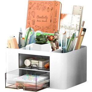 Tinor - Desk Organizer 5 Compartments Pen Holder Office Table Organizer with Drawer, Multifunctional Desk Organizer, White Tinor - Desk Organizer 5 Compartments Pen Holder Office Table Organizer with Drawer, Multifunctional Desk Organizer, White
