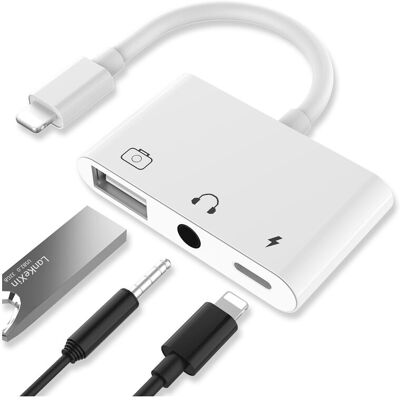 SERBIA Adaptateur Lighting Audio USB, Adaptateur Lecteur Caméra USB 3 en 1 avec port Alimentation Câble + Prise Casque 3,5 mm SERBIA Adaptateur Lighting Audio USB, Adaptateur Lecteur Caméra USB 3 en 1 avec port Alimentation Câble + Prise Casque 3,5 mm