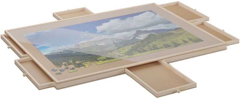 Relaxdays - Puzzle Board with 6 Drawers, Fits Jigsaw up to 1000 Pieces, Tiltable, Rotatable, Wooden, Hobby Table, Natural