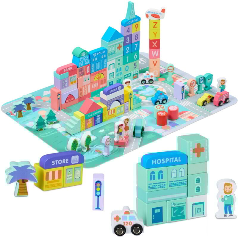 Relaxdays Wooden City Building Blocks Set x108, Puzzle Mat, Buildings, Letters, Numbers, Suitable for Ages 3+, Colourful
