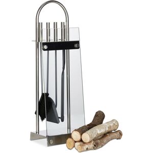 Relaxdays - Stainless Steel Fireplace Companion Set, 5-Piece Fire Irons Kit, Stand, Shovel, Broom, Tongs, Poker, Steel, Glass, Silver