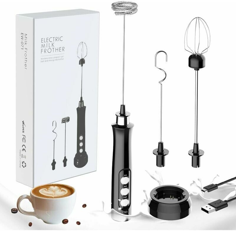 LLING Milk Frother, Portable Electric Foam Maker, 3 in 1 Drink Mixer, usb Charging Station with 3 Stainless Steel Whisks for Coffee, Milk and Kitchen Black