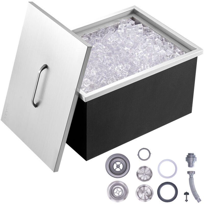 MOPHORN VEVOR Drop in Ice Chest, 20"L x 14"W x 12"H Stainless Steel Ice Cooler, Commercial Ice Bin with Cover, 40 qt Outdoor Kitchen Ice Bar, Drain-pipe and