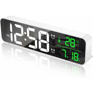 PESCE Digital Alarm Clock Wall Clock Morning Alarm Clock led Digital Mirror Large Screen with Date Temperature 2 Alarms 40 Music 6 Dimmable Brightness usb