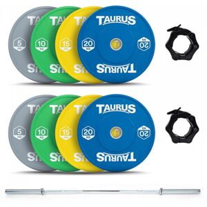 Taurus 100 kg Colour Bumper Olympic Weight Kit with 20 kg Chrome Barbell Taurus 100 kg Colour Bumper Olympic Weight Kit with 20 kg Chrome Barbell
