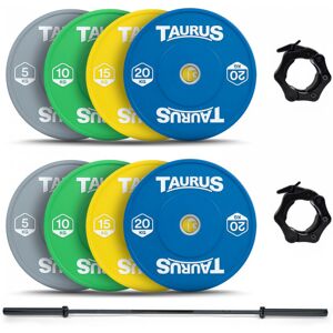 Taurus 100 kg Colour Bumper Olympic Weight Set with 20 kg Black Barbell Taurus 100 kg Colour Bumper Olympic Weight Set with 20 kg Black Barbell