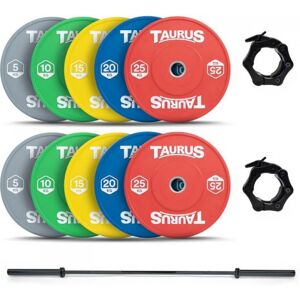 Taurus 150 kg Colour Bumper Olympic Weight Set with 20 kg Black Barbell Taurus 150 kg Colour Bumper Olympic Weight Set with 20 kg Black Barbell
