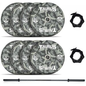 Taurus 100 kg Camo Bumper Olympic Weight Set with 20 kg Black Barbell Taurus 100 kg Camo Bumper Olympic Weight Set with 20 kg Black Barbell