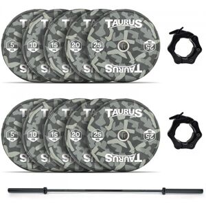 Taurus 150 kg Camo Bumper Olympic Weight Set with 20 kg Black Barbell Taurus 150 kg Camo Bumper Olympic Weight Set with 20 kg Black Barbell