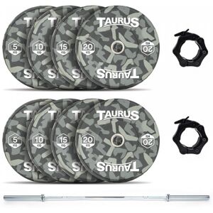 Taurus 100 kg Camo Bumper Olympic Weight Set with 20 kg Chrome Barbell Taurus 100 kg Camo Bumper Olympic Weight Set with 20 kg Chrome Barbell