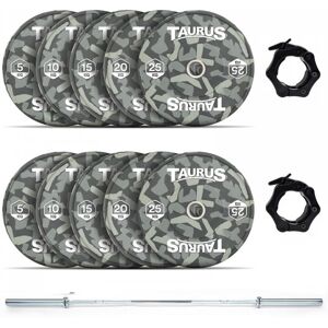 Taurus 150 kg Camo Olympic Bumper Weight Set with 20 kg Chrome Barbell Taurus 150 kg Camo Olympic Bumper Weight Set with 20 kg Chrome Barbell