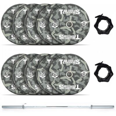 Taurus 150 kg Camo Olympic Bumper Weight Set with 20 kg Chrome Barbell Taurus 150 kg Camo Olympic Bumper Weight Set with 20 kg Chrome Barbell