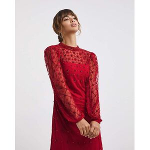 Studio Raishma Beaded Flower Mesh Midi Dress RED 24