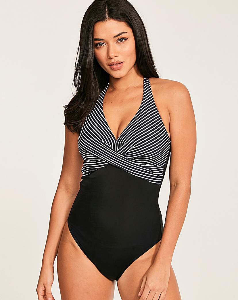 Figleaves Swimwear Tummy Control Longer Length Swimsuit  - Black Stripe - Size: 36DD