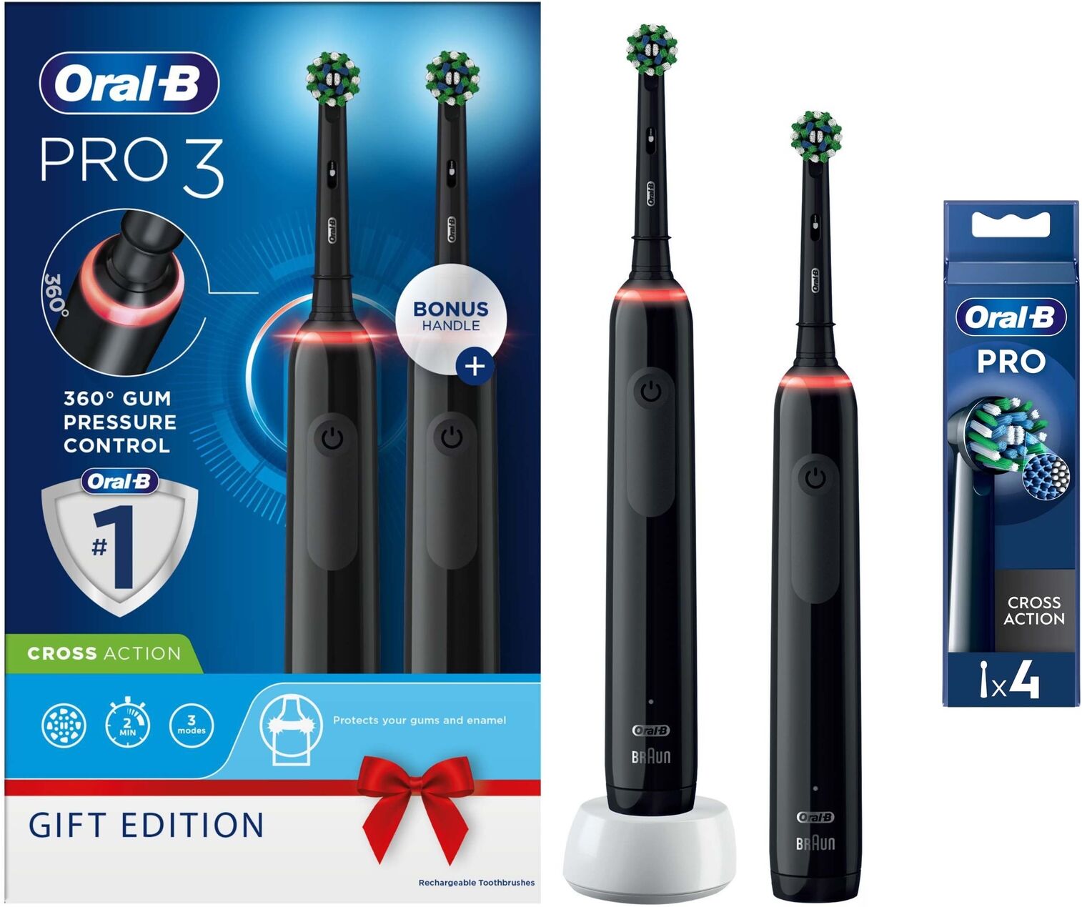 Oral-B Pro 3900 Duo Pack of Two Electric Toothbrushes Black & Black - Toothbrush + 4 Toothbrush Heads