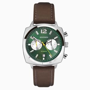 Sekonda Sekonda Airborne Men's Chronograph Watch   Silver Case & Brown Leather Strap with Green Dial   30029