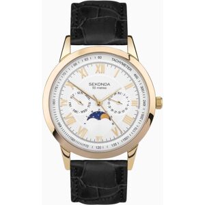 Sekonda Sekonda Armstrong Moon Phase Men’s Watch   Gold Alloy Case & Black Leather Strap with Silver Dial   30147