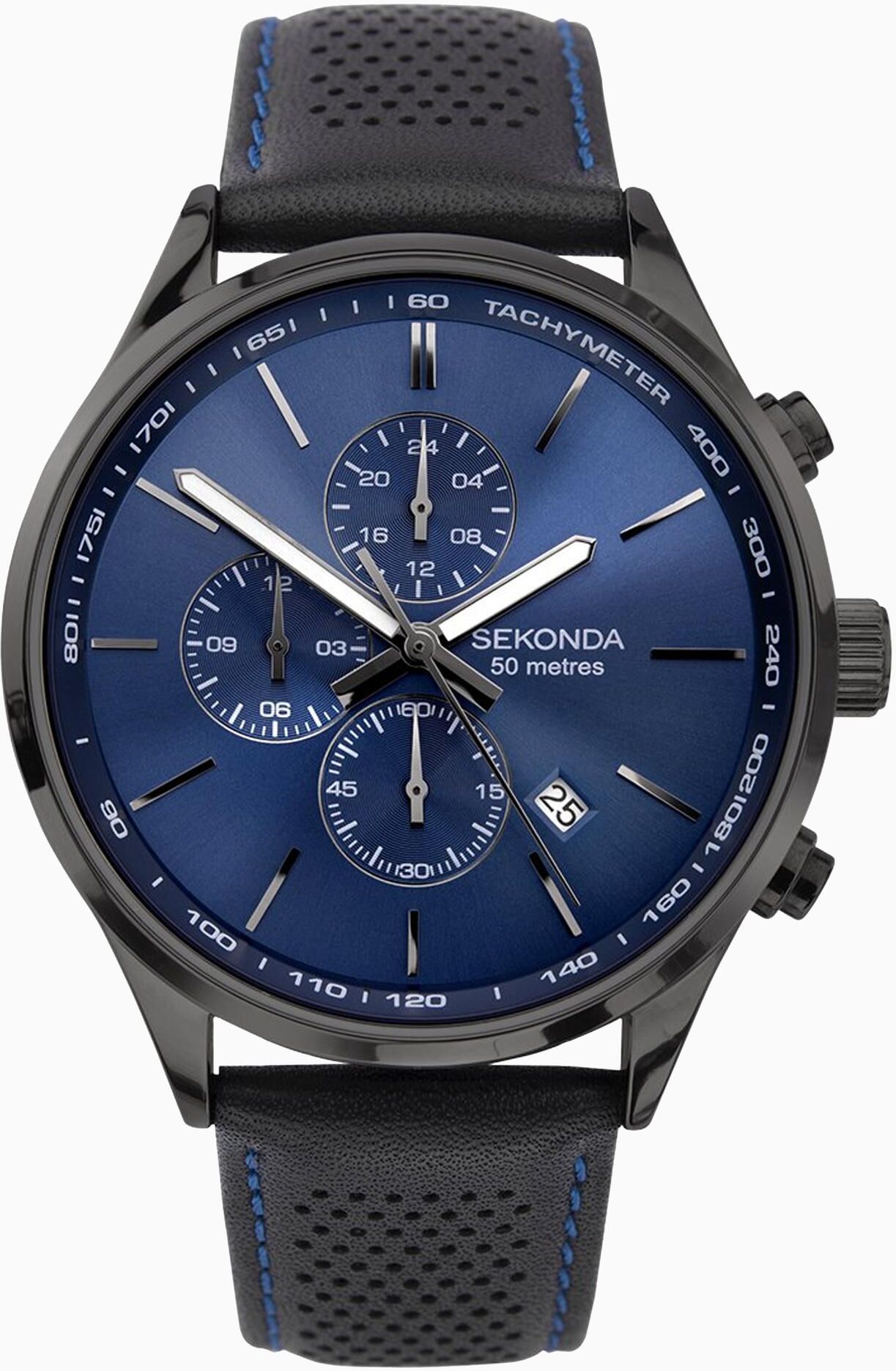 Sekonda Sekonda Sports Men's Watch Gun Metal Case & Leather Strap with Blue Dial 1773