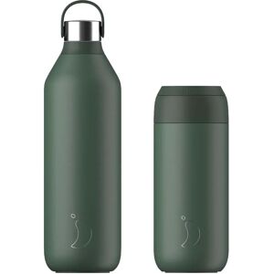 Chilly's Series 2 1 Litre Reusable Water Bottle & 50cl Coffee Cup Set - Pine Green