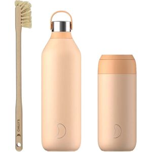 Chilly's Series 2 Reusable Water Bottle, Coffee Cup & Cleaning Brush Set - Peach Orange