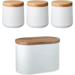 Denby Pottery Galvanised Steel 4 Piece Canister & Bread Bin Set With Acacia Wood Lid - Matte White