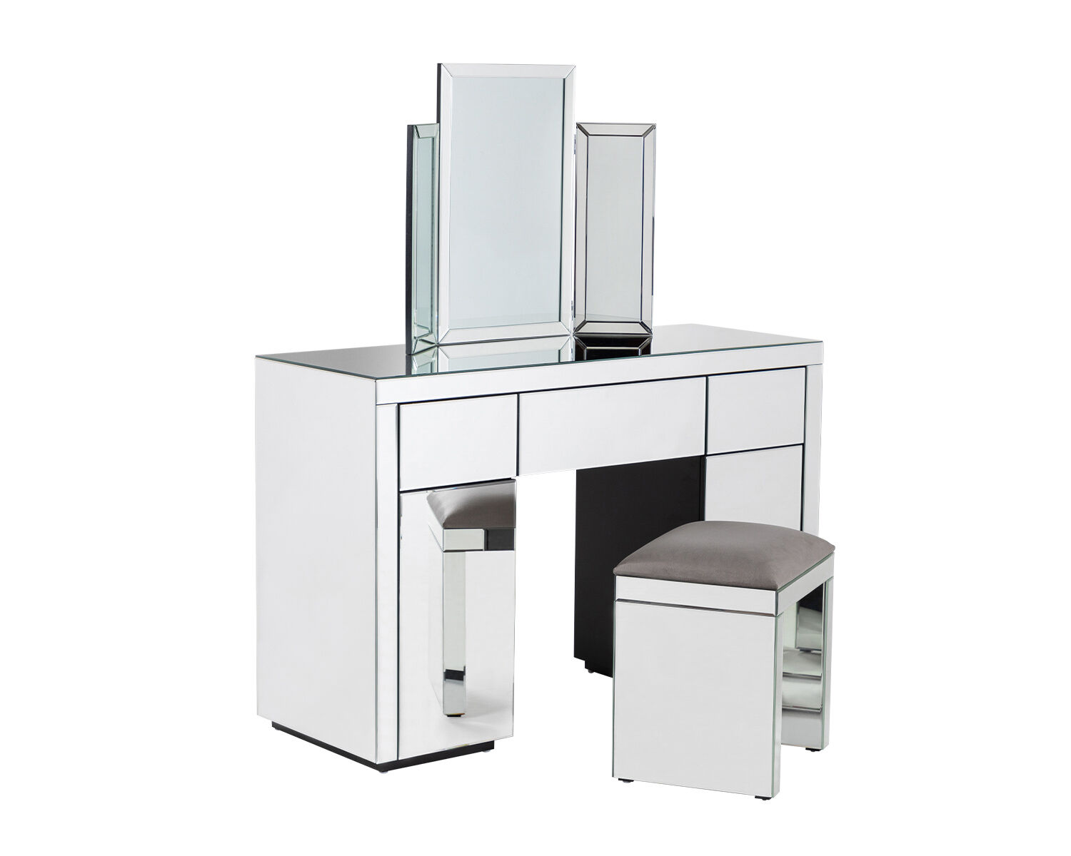 Lifestyle Furniture Silver Mirrored Dressing Table Set With Mirror and Stool - Malmo