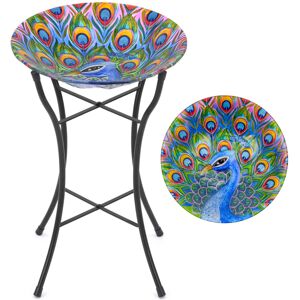 Christow Glass Peacock Bird Bath Garden Gift Patio Decoration Metal Stand - Multi Coloured