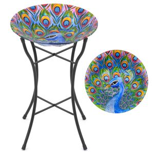 Christow Glass Peacock Bird Bath Garden Gift Patio Decoration Metal Stand - Multi Coloured