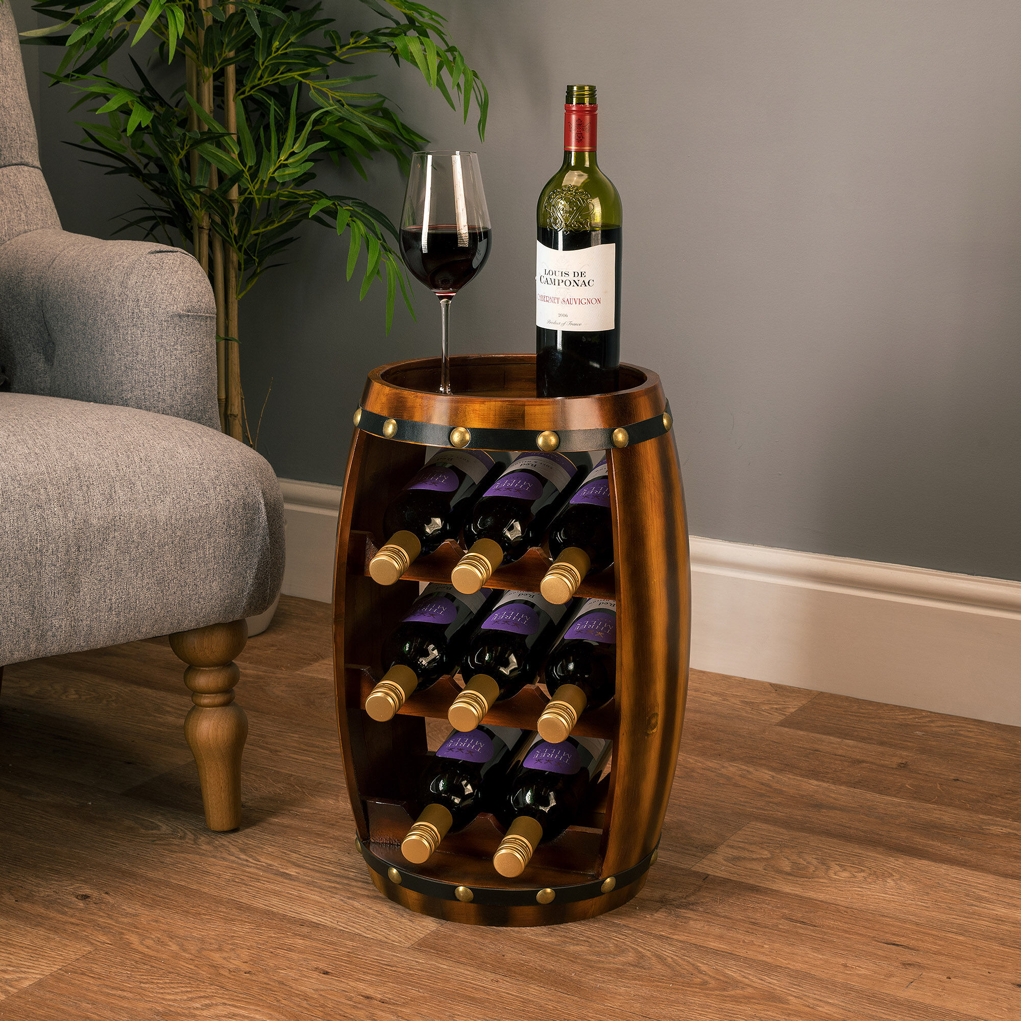 Christow 8 Bottle Wooden Barrel Wine Rack - Brown