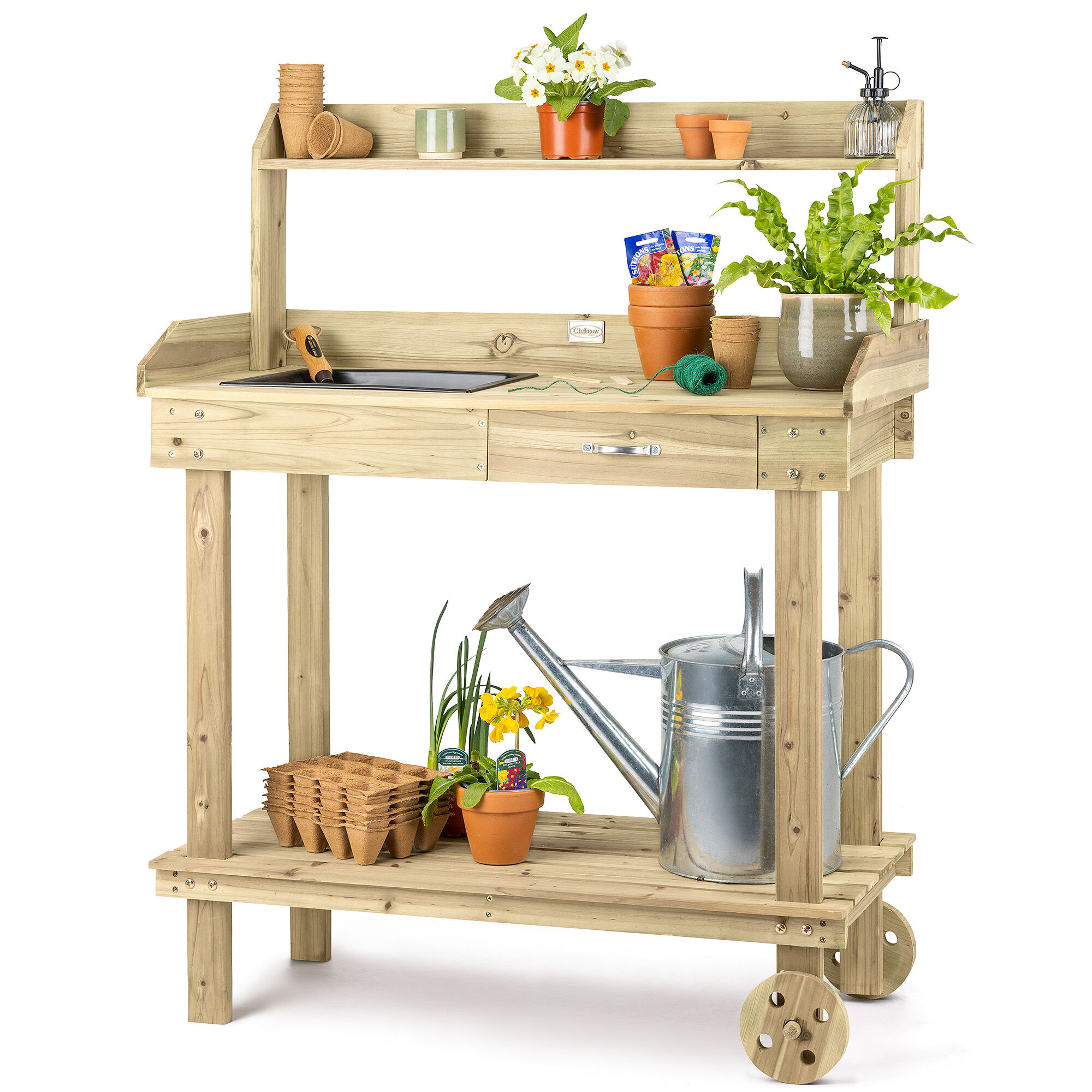 Christow Wooden Potting Table With Wheels - Natural Wood