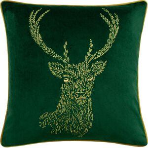 Furn. Forest Fauna Stag Embroidered Piped Velvet Feather Filled Cushion - Emerald - One Size Furn. Forest Fauna Stag Embroidered Piped Velvet Feather Filled Cushion - Emerald - One Size