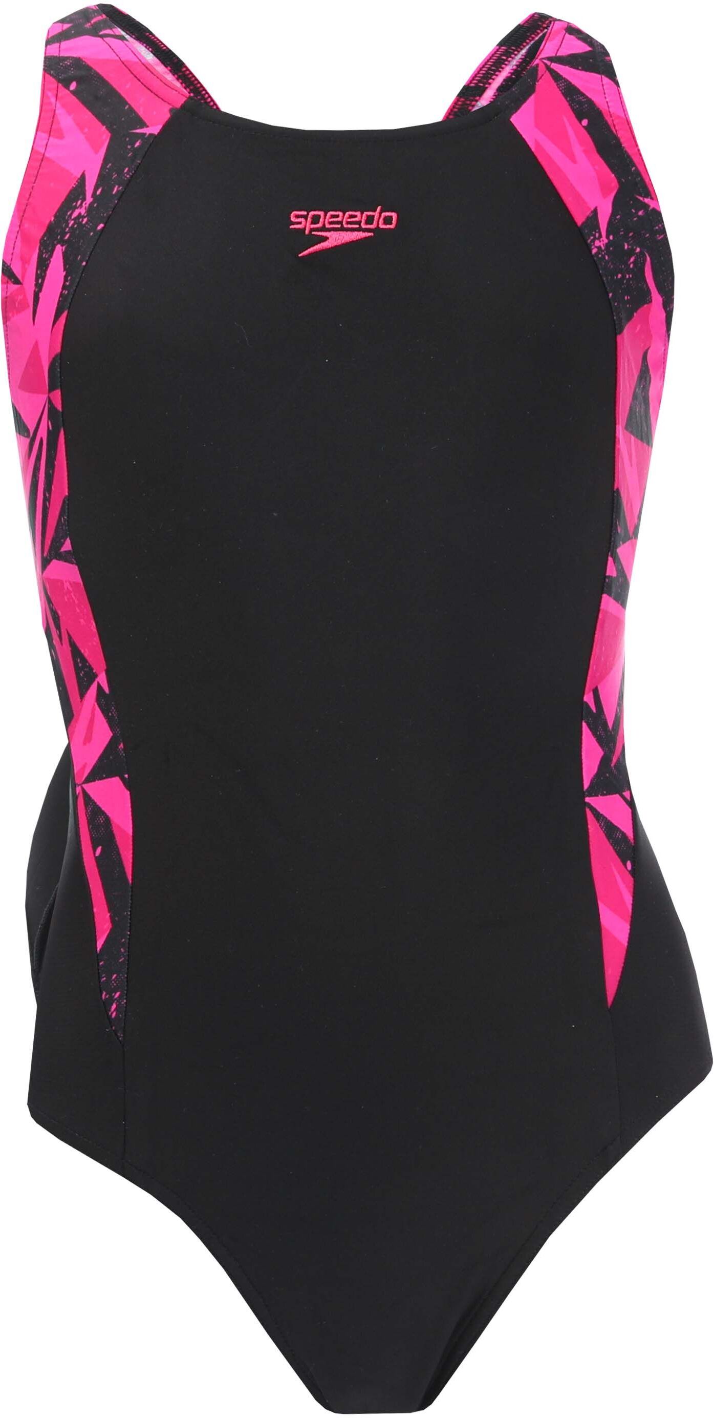 Speedo Girls Girl'S Hyper Boom Splice Muscleback Swimsuit In Black Pink Nylon - Size 7-8y