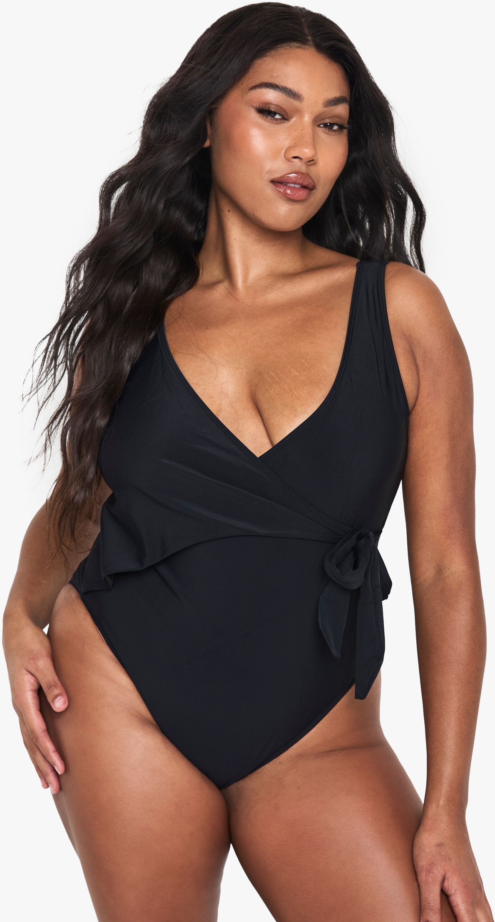 Boohoo Womens Plus Swimwear Essentials Tummy Control Wrap Swimsuit - Black Polyamide - Size 22 Uk