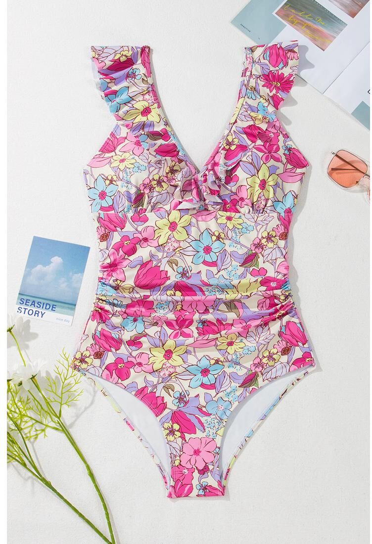 Azura Exchange Womens Pink Floral Ruffle Trim V Neck Lace-Up Back Tummy Control One Piece Swimsuit - Size Medium
